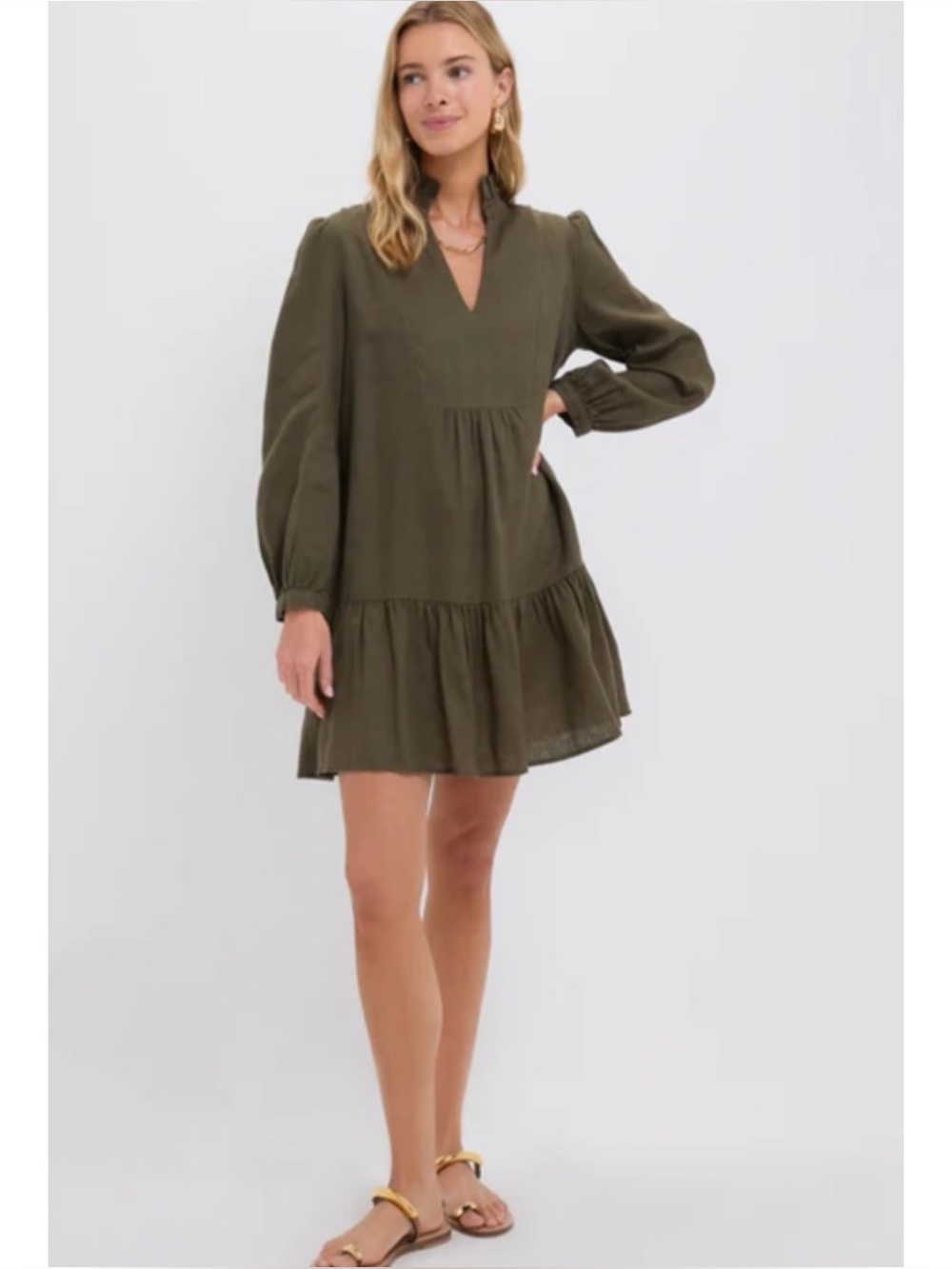 TUCKERNUCK | NWOT Palmerston Long Sleeve Mini Dress in Green Linen, Size Large